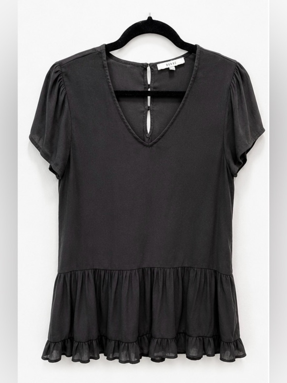 EUC Ro & De Black Sheer Ruffle Hem Blouse Flutter Sleeve Top M